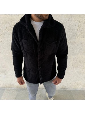 Adisia Erkek Pelüş Polar Hırka Gömlek – Yakalı, Ilik Düğmeli, Göğüs Cepli, Yumuşak Dokulu Kışlık Regular Fit Rahat Günlük Model - Siyah