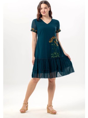 Eliş Şile Bezi Kısa Kol Dilek Vual V Yaka Yazlık Nakışlı Günlük Kısa Elbise Petrol Ptrl