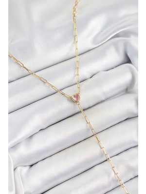 Youday Accessories Pirinç Zirkon Taşlı Pembe Kalp Figürlü Y Model Gold Renk Kadın Kolye