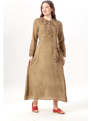 Eliş Şile Bezi Uzun Kol Sultan Tek Cepli Yazlık Uzun Poplin Elbise Toprak Tprk