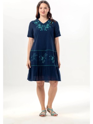 Eliş Şile Bezi Kısa Kol V Yaka Venedik Nakışlı Şile Bezi Otantik Yazlık Kısa Elbise Lacivert Lcvt