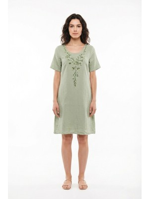 Eliş Şile Bezi Kısa Kol Lidya Bisiklet Yaka Nakışlı Yazlık Kısa Müslin Elbise Zeytin Yeşili Zytnysl