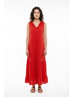 Eliş Şile Bezi Kolsuz Deniz Fırfırlı V Yaka Yazlık Müslin Uzun Elbise Kırmızı Krmz
