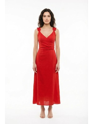 Eliş Şile Bezi Lady Ayarlanabilir Omuz Askılı V Yaka Uzun Müslin Elbise Kırmızı Krmz