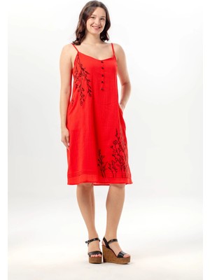 Eliş Şile Bezi Askılı Yazgı Şile Bezi Yazlık Kısa Nakışlı Elbise Kırmızı Krmz