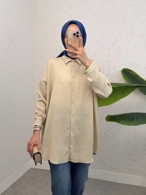 Moda Morfo Boydan Düğmeli Desenli Gömlek -Bej