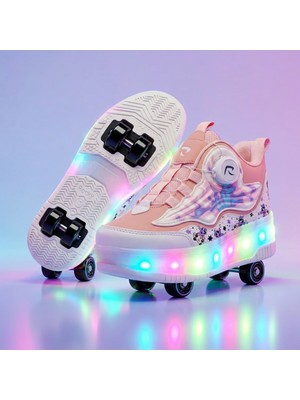 BURUNİ Akıllı Bağcıklı LED Işıklı Patenli Somon Çocuk Ayakkabı – Ortopedik Taban, 2’si 1 Arada (Spor & Paten), Renkli Işıklı Tekerlekli Sneaker