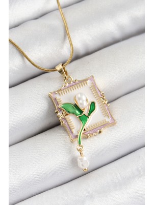 Youday Accessories 316L Çelik Zincir Beyaz Sanatsal Portre Sallantılı Inci Detaylı Lale Model Gold Renk Kadın Kolye