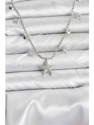 Youday Accessories Pirinç Gümüş Renk Zirkon Taşlı Deniz Yıldızı Model Kadın Kolye