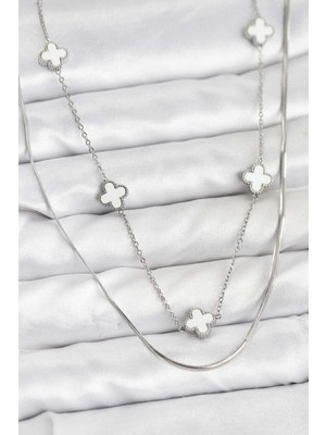 Youday Accessories 316L Çelik Zincir Gümüş Renk Italyan Zincirli Yonca Model Kadın Kolye