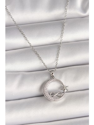 Youday Accessories 316L Çelik Gümüş Renk Zincir Zirkon Taşlı Ay Yıldız Model Sonsuzluk Detay Kadın Kolye