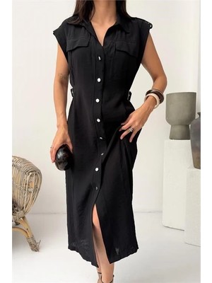 Dip Moda Kadın Siyah Bel Detaylı Midi Boy Düğmeli Gömlek Elbise DPNP027