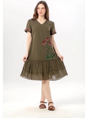 Eliş Şile Bezi Kısa Kol Dilek Vual V Yaka Yazlık Nakışlı Günlük Kısa Elbise Haki Hk
