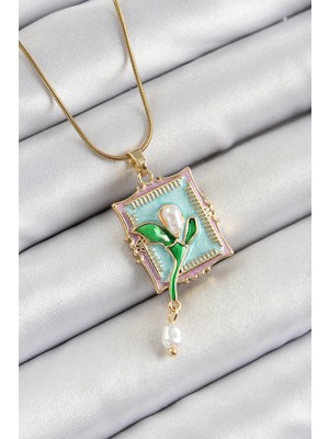 Youday Accessories 316L Çelik Zincir Turkuaz Sanatsal Portre Sallantılı Inci Detaylı Lale Model Gold Renk Kadın Kolye