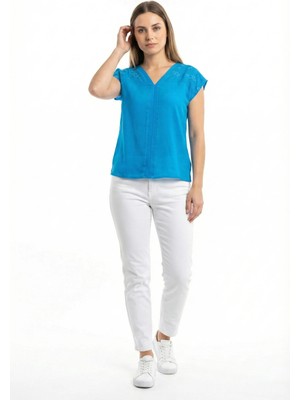 Eliş Şile Bezi Kısa Kap Kol Gülizar Şile Bezi Yazlık Nakışlı Bluz Turkuaz Trkz