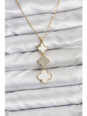 Youday Accessories 316L Çelik Zincir Gold Renk Yonca Detaylı Zirkon Taşlı Kadın Kolye