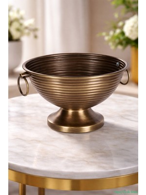 Yapay Çiçek Sitesi Metal Çizgili Küpeli Vazo 17 cm Bronz