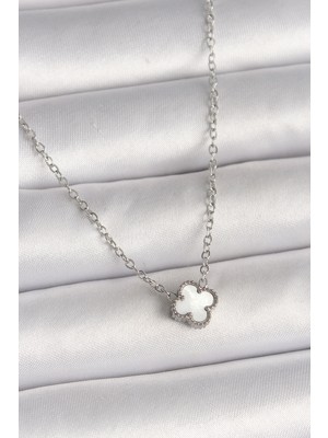 Youday Accessories 316L Çelik Gümüş Renk Beyaz Yonca Model Kadın Kolye