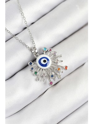 Youday Accessories 316L Çelik Zirkon Taşlı Nazar Model Gümüş Renk Kadın Kolye