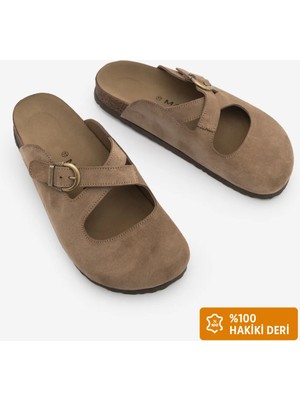 Marjin Kadın Hakiki Deri Önü Kapalı Eva Taban Çapraz Bantlı Günlük Süet Sabo Terlik Menifa Camel Süet