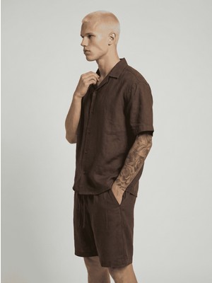 Danger Erkek Pamuk Keten Gömlek Şort Takım Kahverengi