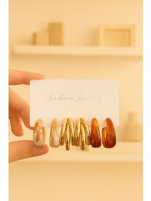 PremiumPort Gold Renk 3 Halkalı Reçine Yuvarlak Tasarım 6'lı Küpe Set