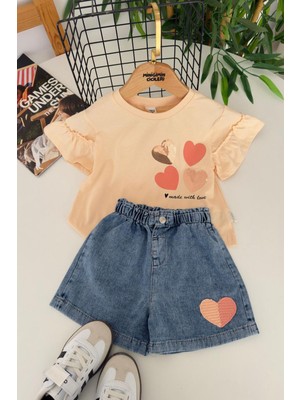 Miniğimin Cicileri Payet Kalp Işlemeli Kız Çocuk Kot Şortlu 2 Li Takım - Yavruağzı