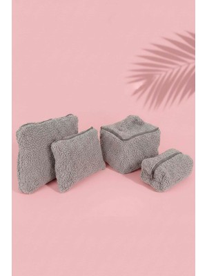 Gri Teddy 4’lü Makyaj & Aksesuar Çanta Seti