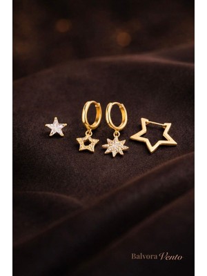 PremiumPort Kadın Çelik Yıldızlı Dörtlü Küpe Seti, Şık ve Günlük Kullanım Için