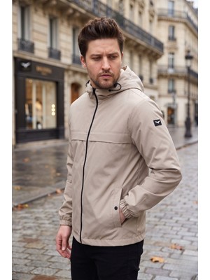 Level High Erkek Kapüşonlu Taş Rengi Ince Rüzgarlık Yağmurluk Fermuarlı Ceket