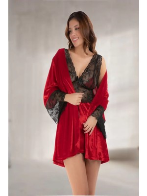 Ulugo Kırmızı Kadife Sabahlık & Gecelik Takım 2' Li - 1442