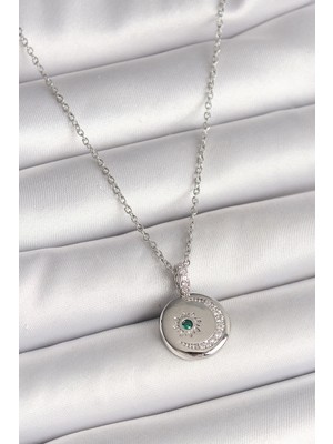Youday Accessories 316L Çelik Gümüş Renk Zincir Madalyon Zirkon Taşlı Işlemeli Hilal Yıldız Model Kadın Kolye