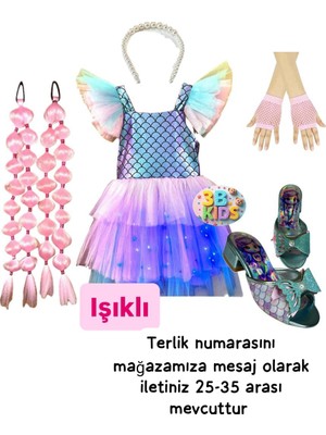 3b Kids Denizkızı Işıklı Kostüm Elbise+Pembe Saç+Inci Taç +Pembe File Eldiven+Deniz Kızı Topuklu Terlik