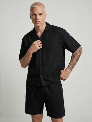 Danger Erkek Pamuk Keten Gömlek Şort Takım Siyah