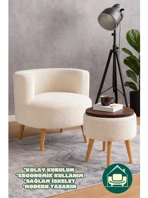 Dekor Mobilyacım Gabrielles Çay Seti Berjer ve Üstü Tablalı Puf Takımı (Salon, Ofis, Balkon) - 2'li Takım