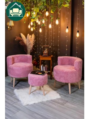 Dekor Mobilyacım Pamuk Şekeri Rengi Çay Köşesi Seti: Iki Adet Berjer ve Puf 3'lü Set Takım