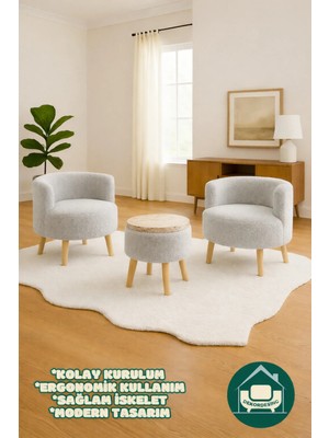 Dekor Mobilyacım Helkard Comfort Çay Seti ve Peluş Ikili Berjer & Üstü Tablalı Puf Takımı - 3'lü Set