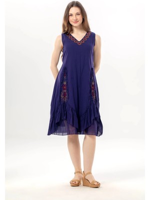 Eliş Şile Bezi Kolsuz Begüm V Yaka Yazlık Nakışlı Otantik Vual Kısa Elbise Mor Mor