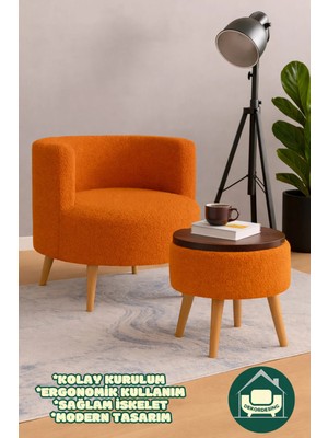 Dekor Mobilyacım Gabrielles Çay Seti Berjer ve Üstü Tablalı Puf Takımı (Salon, Ofis, Balkon) - 2'li Takım