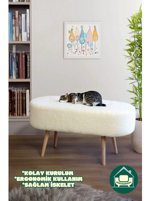 Dekor Mobilyacım Paris Retro Ahşap Ayaklı Geniş Oturum Alanlı Oval Bench Puf Beyaz