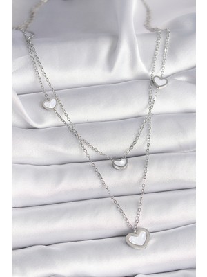 Youday Accessories 316L Çelik Gümüş Renk Zincir 2'LI Zincir Kalp Model Kadın Kolye