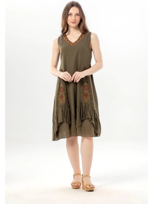 Eliş Şile Bezi Kolsuz Begüm V Yaka Yazlık Nakışlı Otantik Vual Kısa Elbise Haki Hk