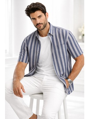 Varetta Erkek Kısa Kollu Gömlek Lacivert Çizgili  Yaka Düğmeli Cepli Yazlık Casual
