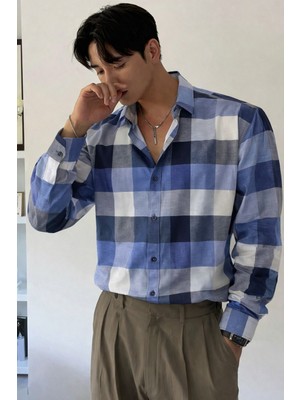 Tarz Cool Erkek Ekose-Kareli Gömlek Slim Fit Pamuk Karışımlı Klasik Tarz Uzun Kollu Gömlek