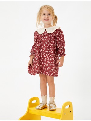 Koton Çiçekli Elbise Geniş Bebe Yaka Uzun Kollu Lastik Manşetli