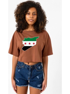 Suriye Yeni Bayrak Kahverengi Kadın Crop Tshirt