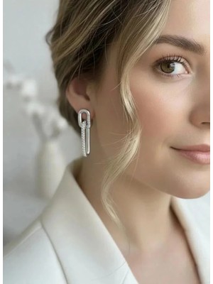 PremiumPort Parlak Zirkon Taşlı Sallantılı Altın Kaplama Gümüş Renk Küpe