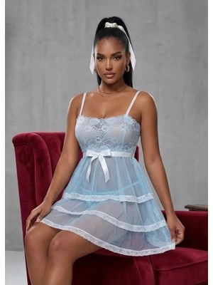 Ulugo Açık Mavi Beyaz Dantelli Gecelik - 686