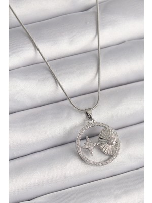 Youday Accessories 316L Çelik Gümüş Renk Zincir Zirkon Taşlı Yıldız Madalyon Model Kadın Kolye