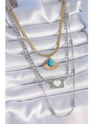 Youday Accessories 316L Çelik Mix Renk 3'LÜ Zincir Damla Madalyon Figür Uzun Kadın Kolye